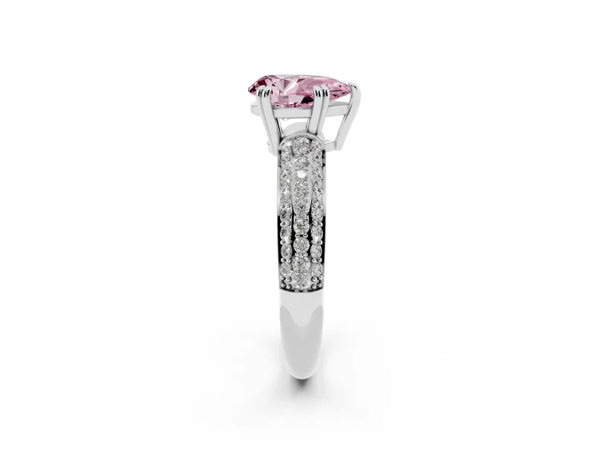 Fancy Pink Pear Cut Diamond Solitaire Ring with Multi-Row Round Pavé Band and Prong Setting Silver