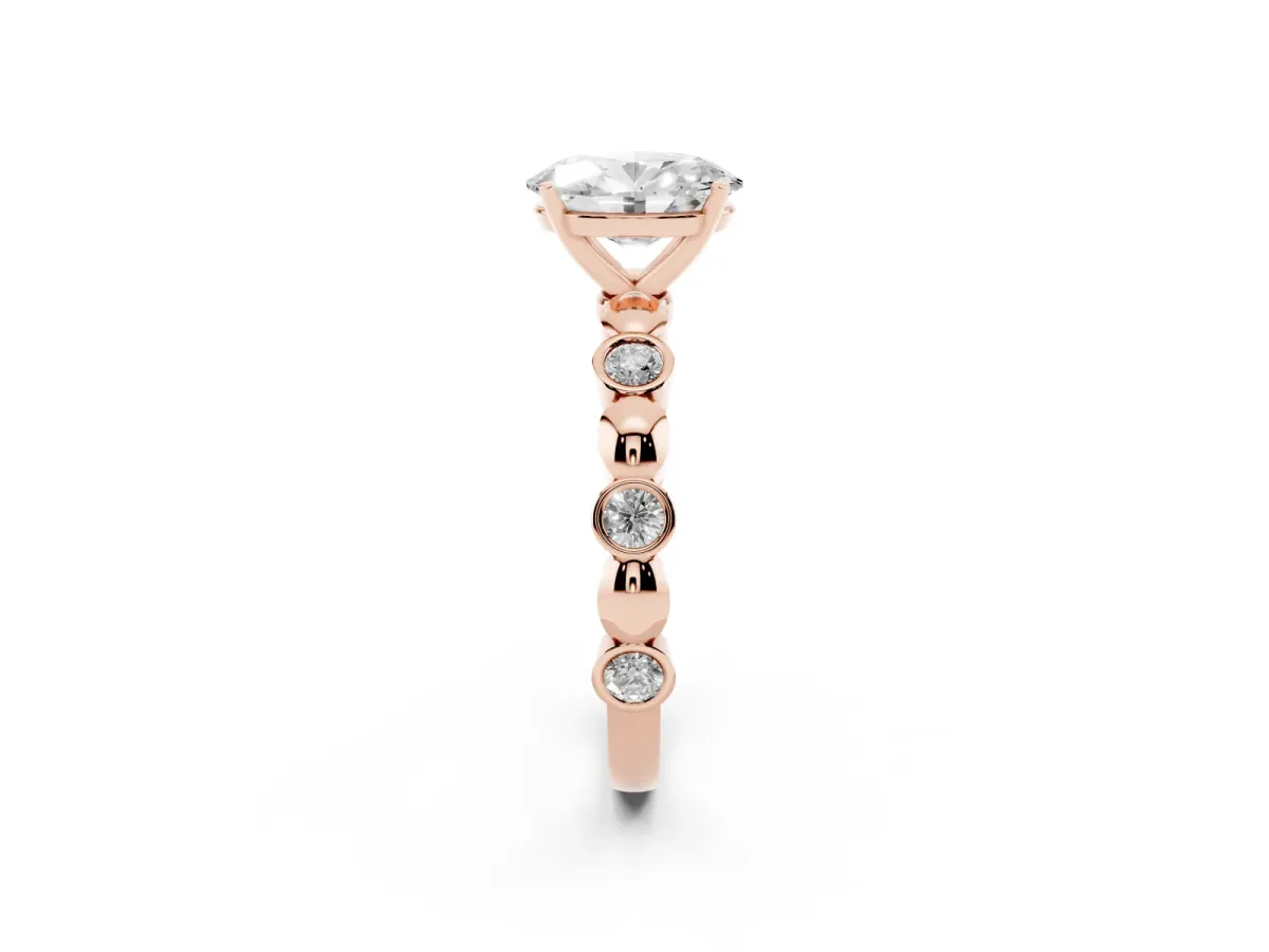Oval Cut Solitaire Bezel-Set Diamond Ring with Beaded Band and Four-Prong Setting Rose gold