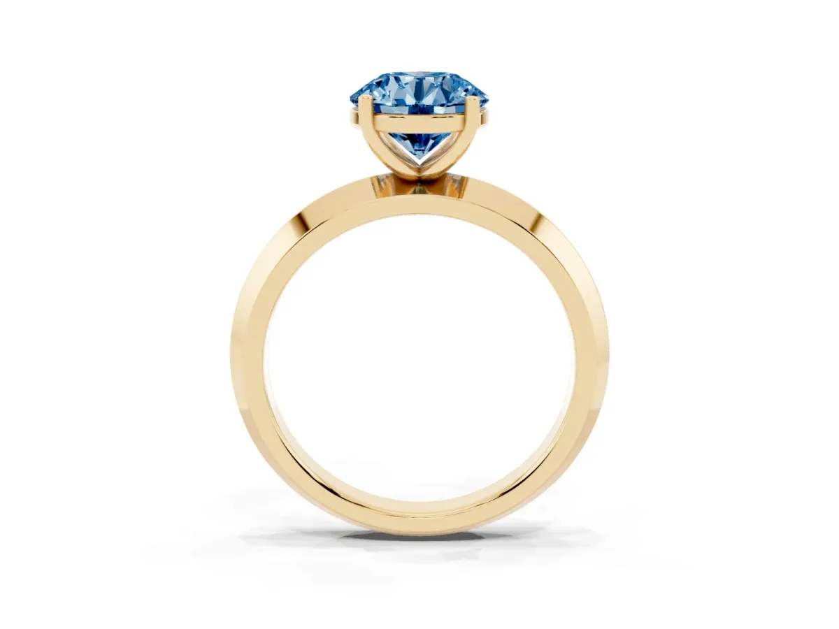 Fancy Blue Round Cut Cut Solitaire Engagement Ring with Flat Band and Four-Prong Setting Yellow gold