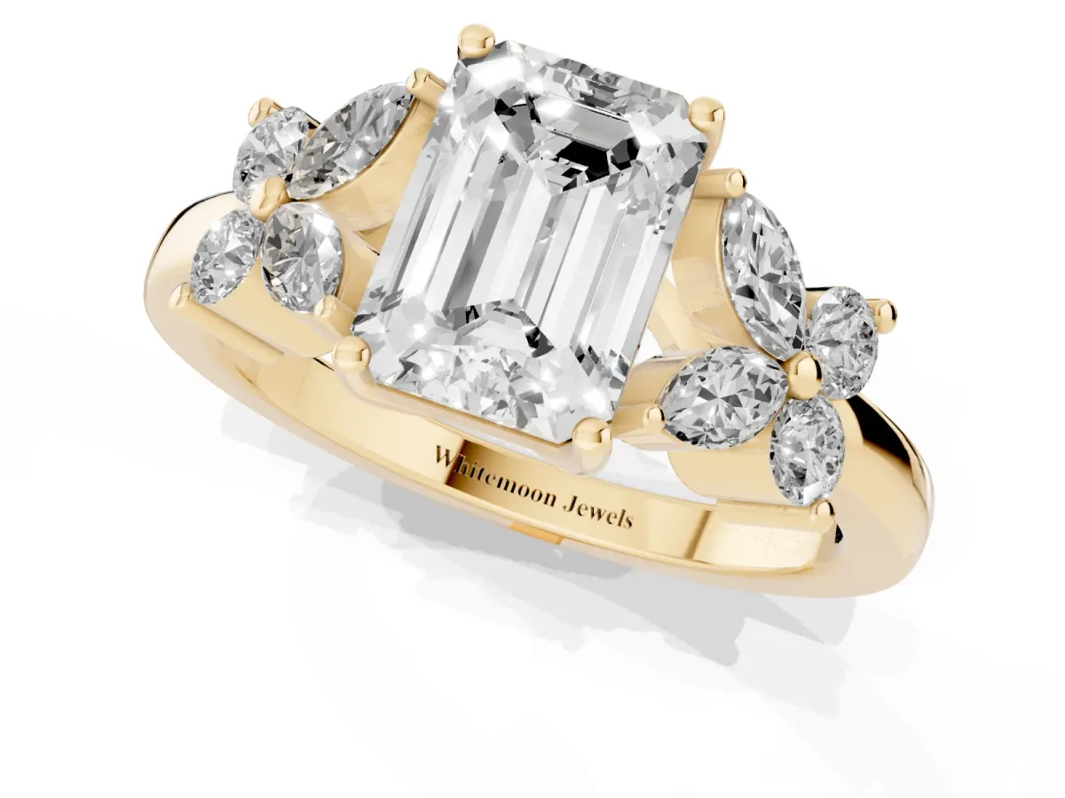 Emerald Cut Diamond Floral Cluster Ring with Solitaire Band and Prong Setting Yellow gold