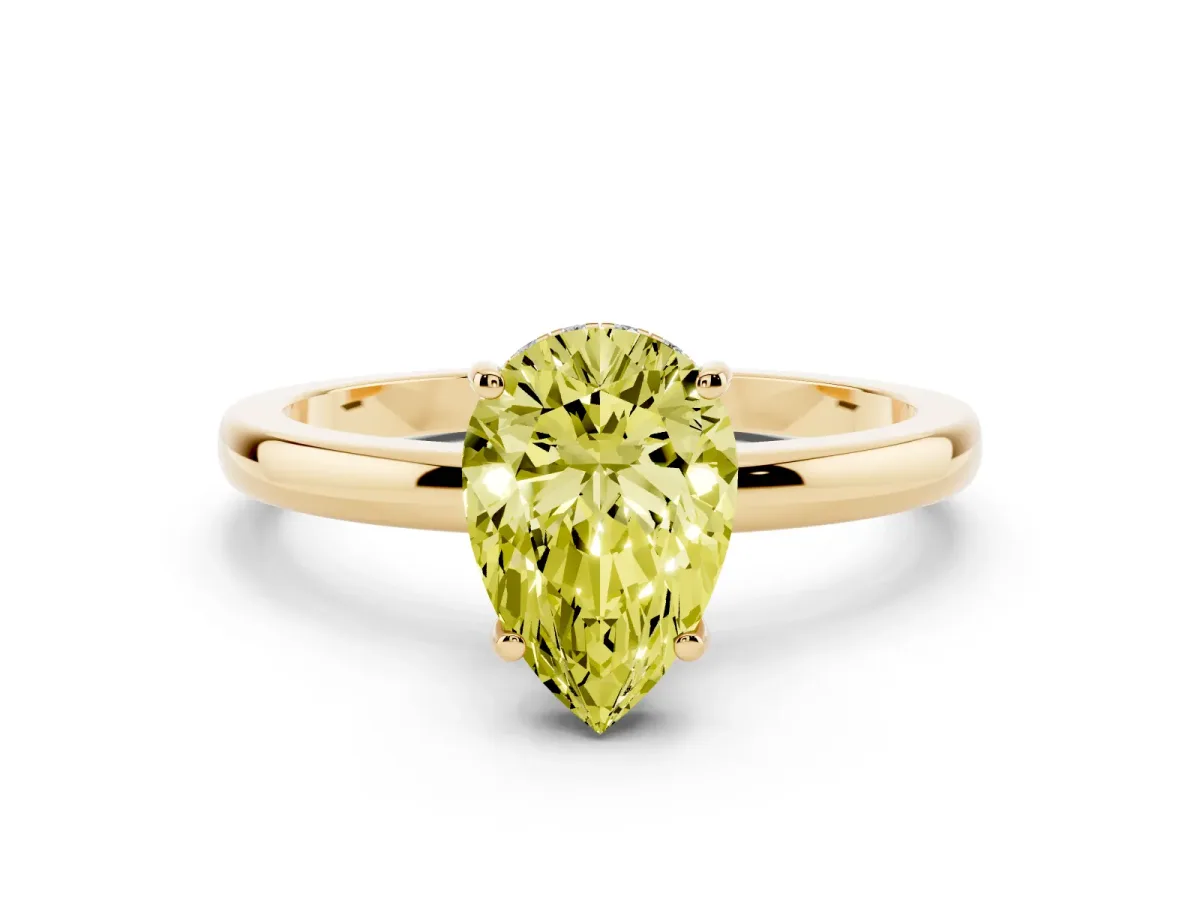 Fancy Yellow Pear Cut Solitaire Diamond Ring with Prong Setting and Plain Band Yellow gold