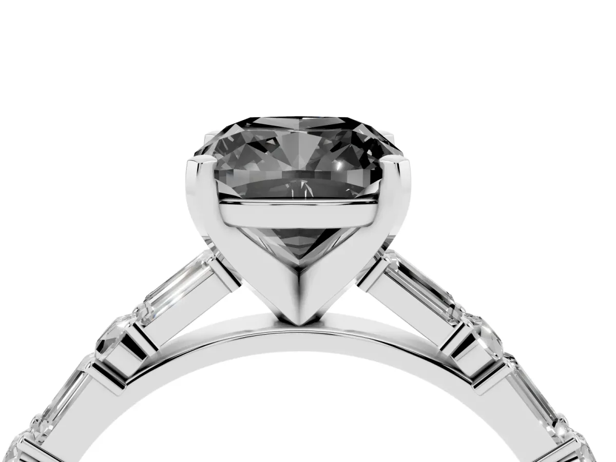 Fancy Black Cushion Cut Diamond Solitaire with Side Baguettes and Channel Set Band White gold