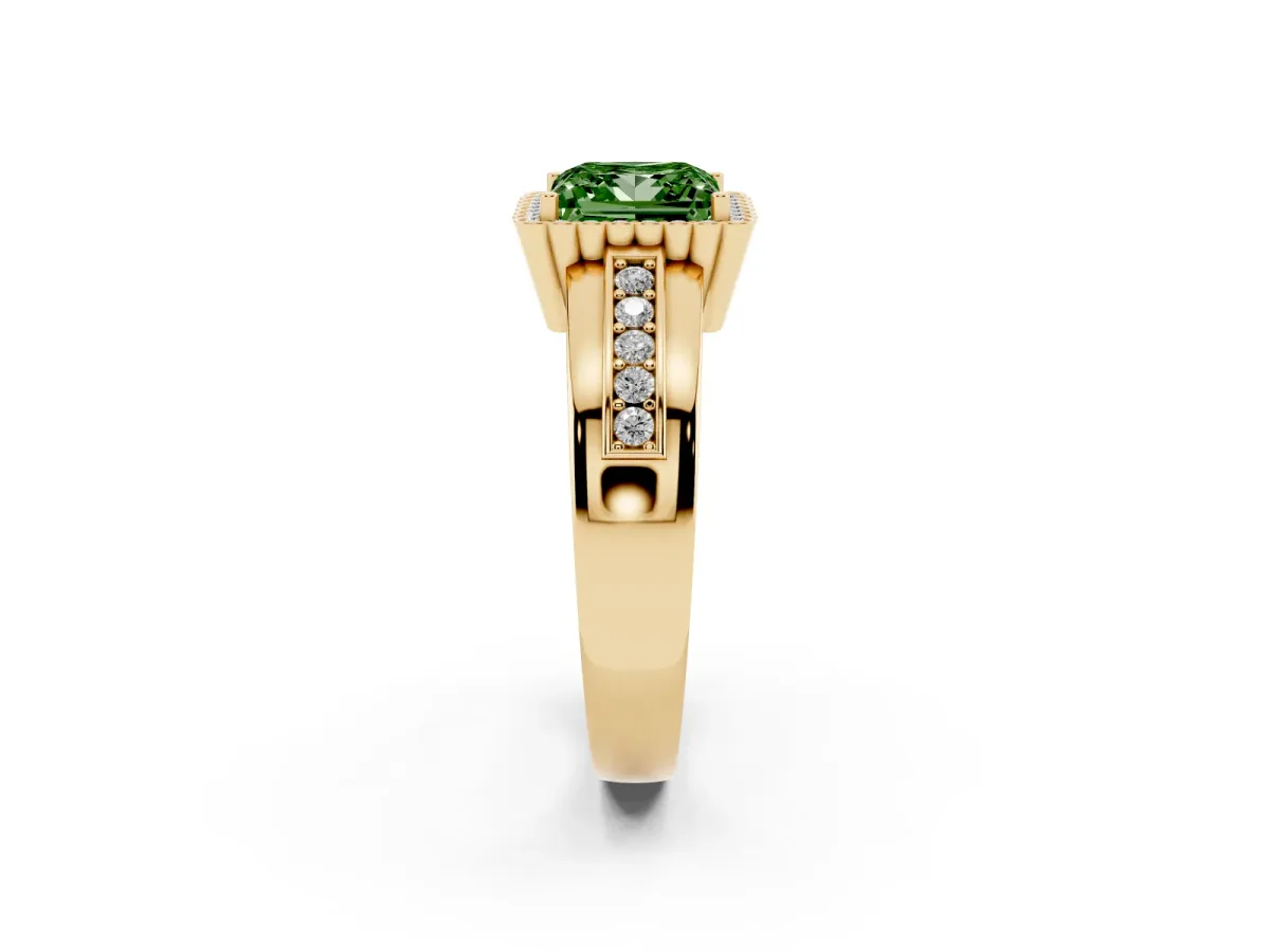 Fancy Green Princess Cut Cut Halo Pave Band Four-Prong Ring Yellow gold