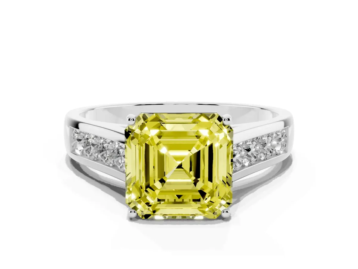 Fancy Yellow Asscher Cut Solitaire Channel-Set Diamond Engagement Ring with Four-Prong Setting Silver