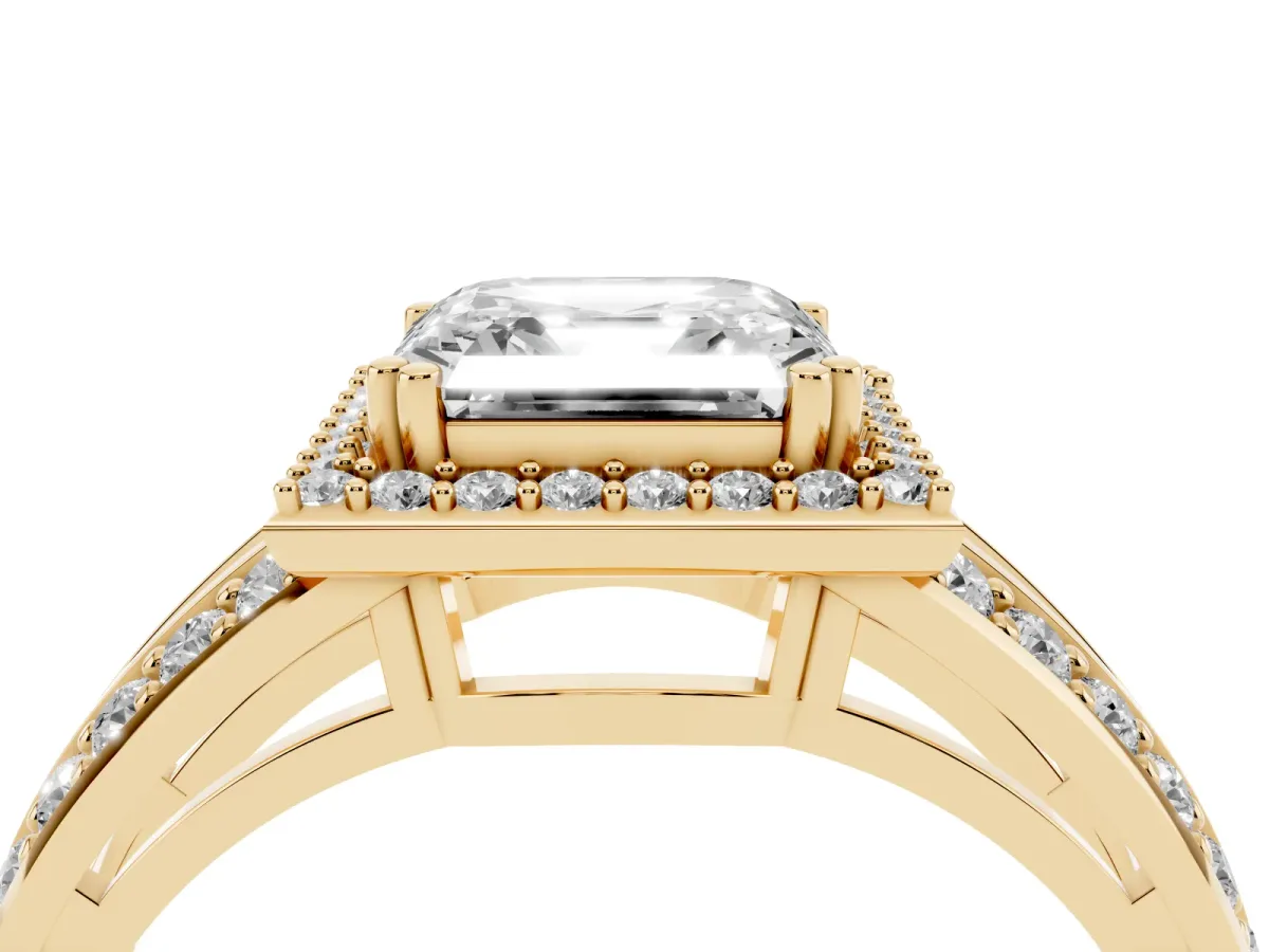 Asscher Cut Diamond Halo Ring with Split Shank Pavé Band and Four-Prong Setting Yellow gold