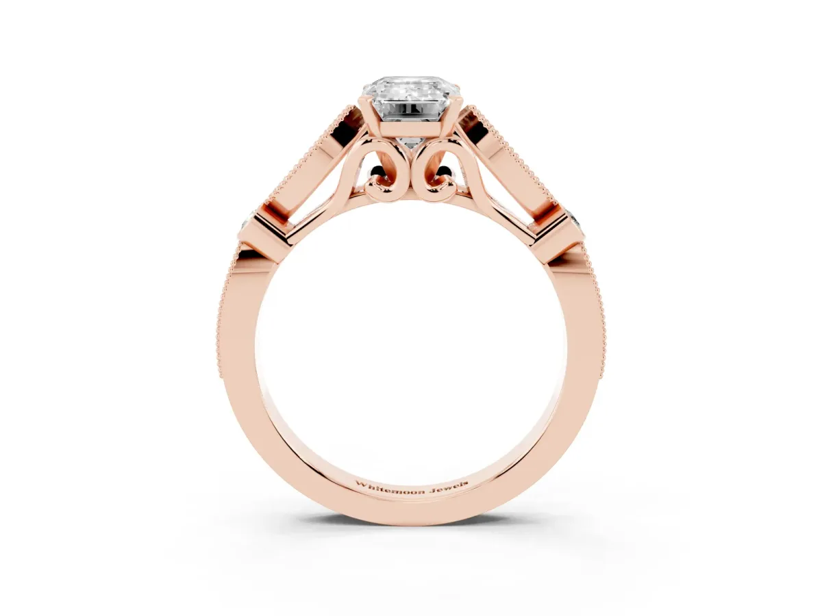 Emerald Cut Cut Diamond with Milgrain Marquise and Bezel Accents on a Solitaire Band with Prong Setting Rose gold