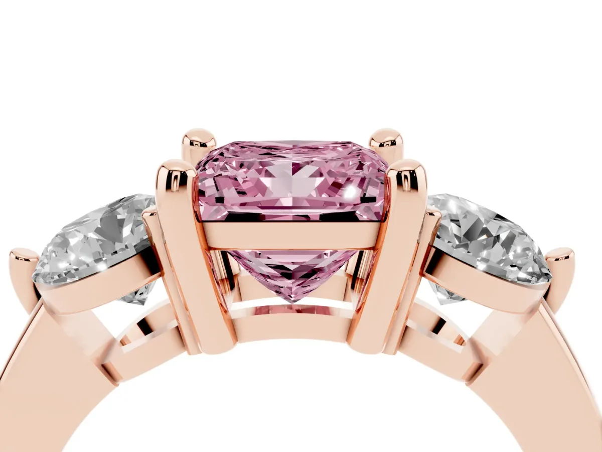 Fancy Pink Three-Stone Princess Cut Brilliant Cut Solitaire Ring with Prong Setting on a Classic Band Rose gold