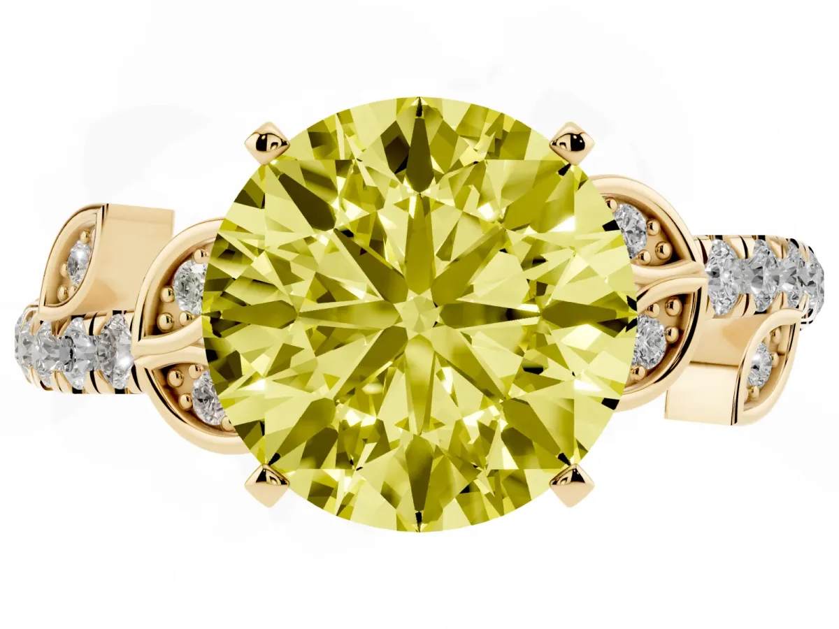 Fancy Yellow Round Cut Solitaire Leaf-Inspired Diamond Ring with Pavé Band and Four-Prong Setting Yellow gold