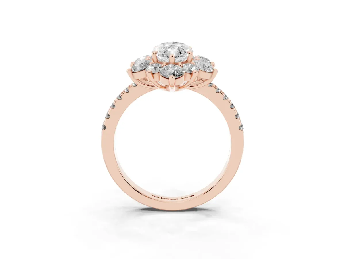 Marquise Cut Diamond Floral Halo Ring with Round Pavé Band and Prong Setting Rose gold