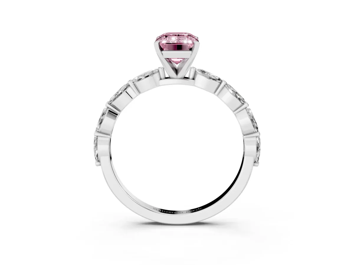 Fancy Pink Emerald Cut Diamond Ring with Marquise Side Stones and Prong Setting White gold