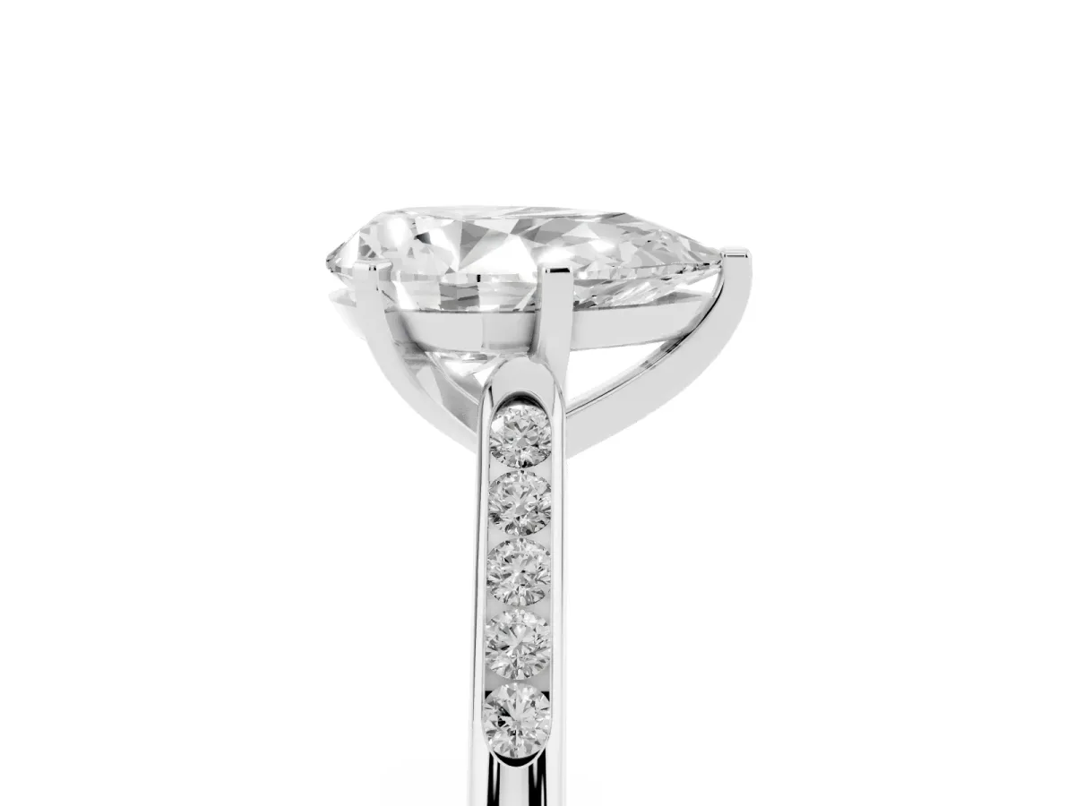 Pear Cut Diamond Solitaire Ring with Channel Set Round Band and Prong Setting Silver