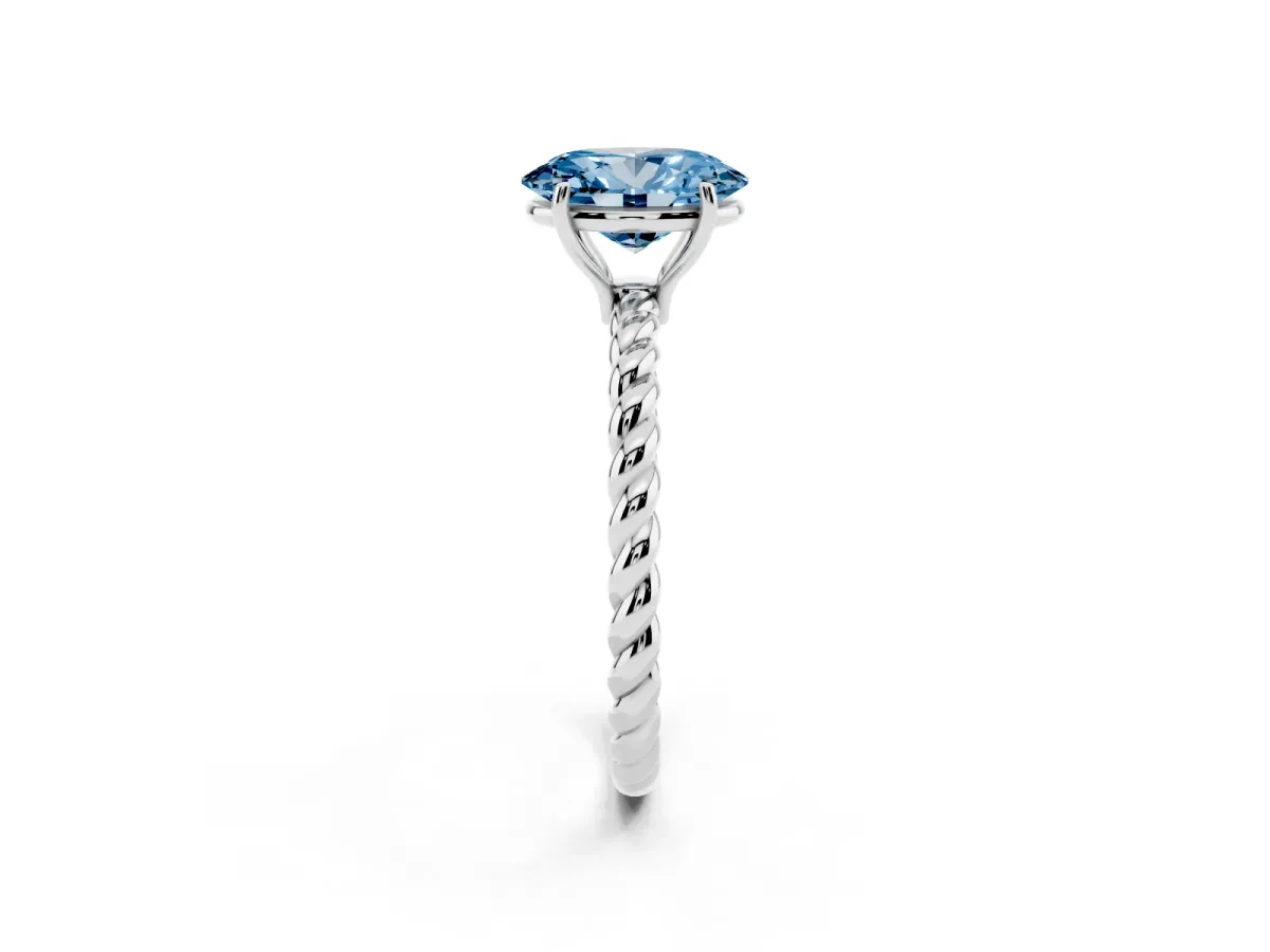 Fancy Blue Oval Cut Solitaire Twist Band Ring with Four-Prong Setting White gold