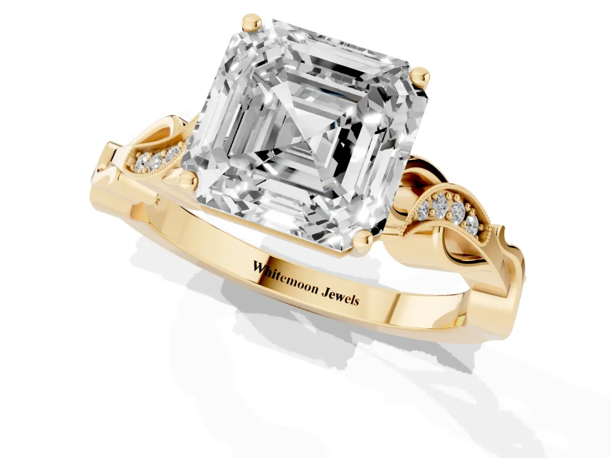Asscher Cut Solitaire Vine Band with Milgrain Prong Setting Yellow gold