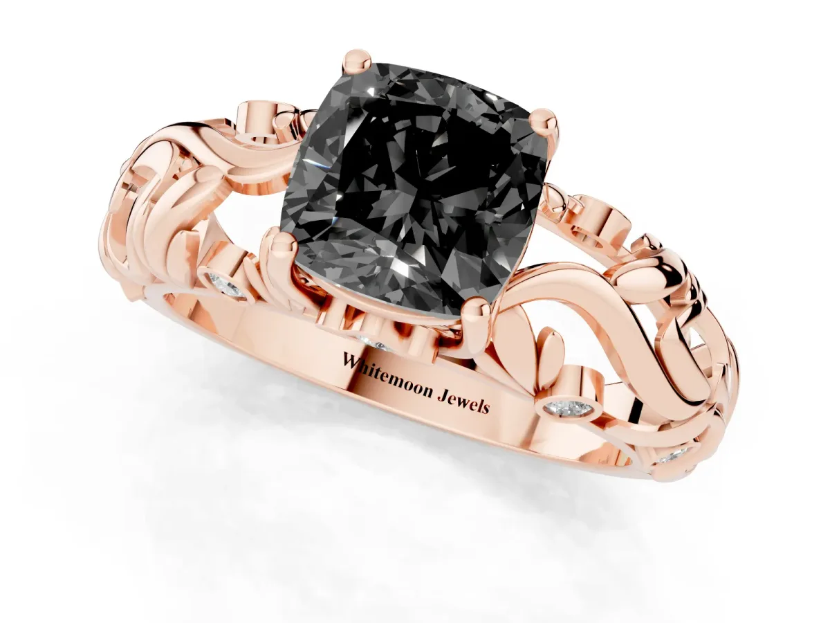 Fancy Black Cushion Cut Solitaire Diamond Leaf-Inspired Vine Band Ring with Prong Setting Rose gold
