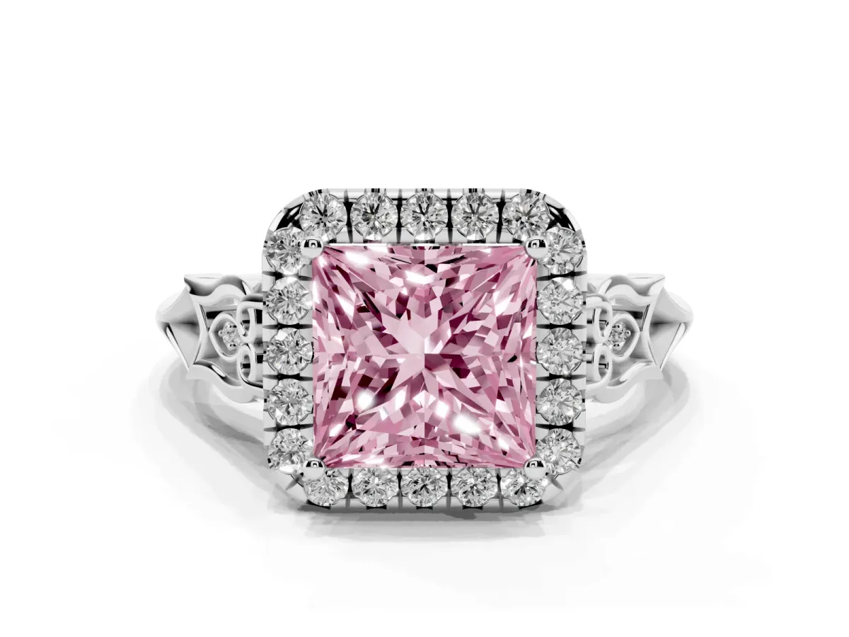 Fancy Pink Princess Cut Halo Diamond Engagement Ring with Filigree Band and Four-Prong Setting Platinum