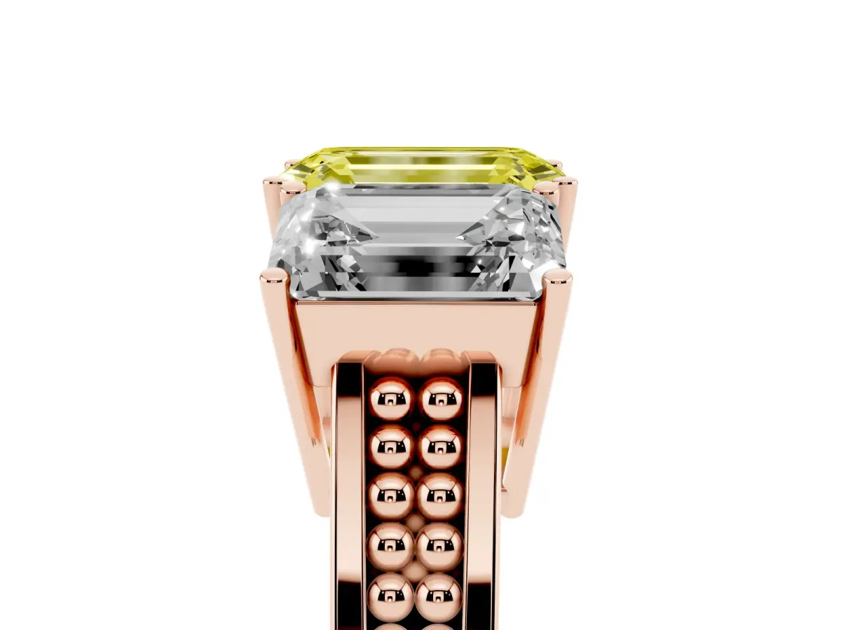 Fancy Yellow Emerald Cut Diamond Three-Stone Ring with Prong Setting and Textured Band Rose gold