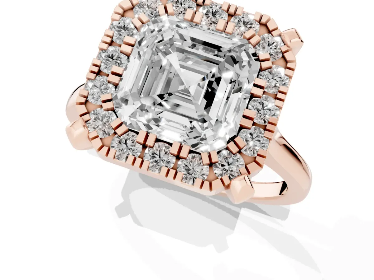 Asscher Cut Diamond Cluster Halo Solitaire with Four-Prong Setting Rose gold