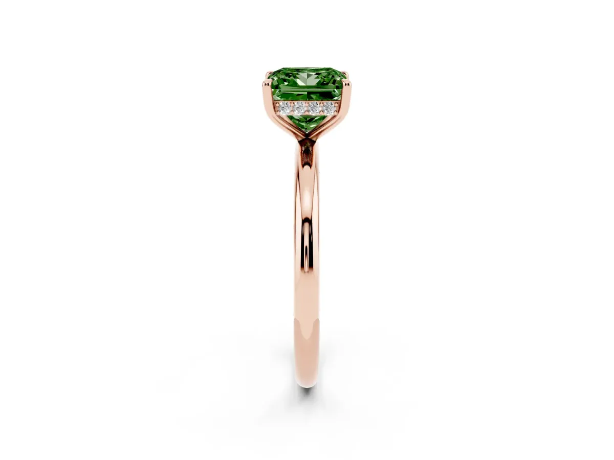 Fancy Green Princess Cut Diamond Solitaire Ring with Thin Band and Four-Prong Setting Rose gold