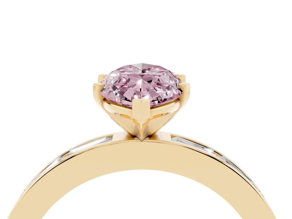 Fancy Pink Marquise Cut Solitaire Diamond Ring with Channel-Set Baguette Band and Four-Prong Setting Yellow gold