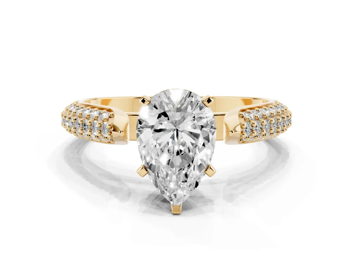 Pear Cut Diamond Solitaire Engagement Ring with Multi-Row Round Pavé Band and Prong Setting Yellow gold