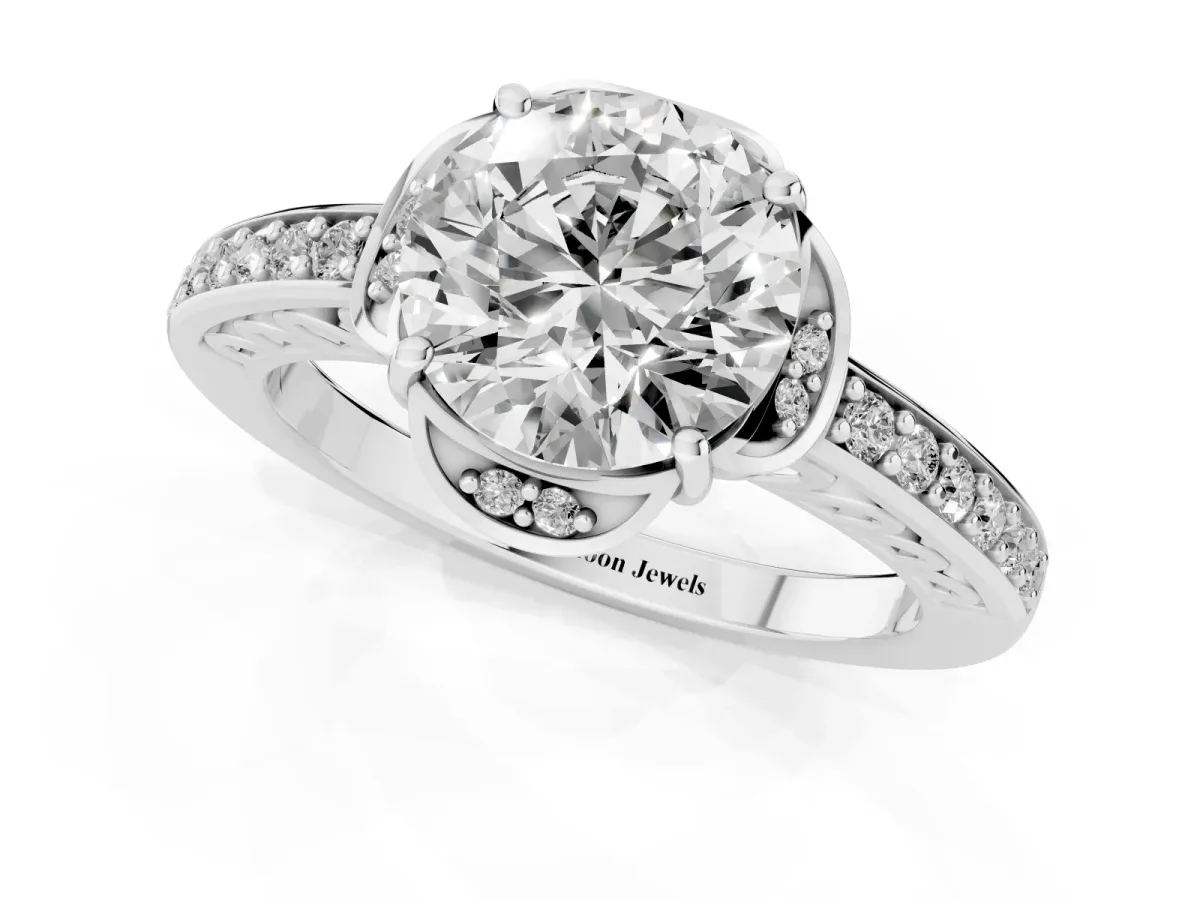Round Cut Cut Halo Diamond Ring with Channel Set Band and Four-Prong Setting Silver