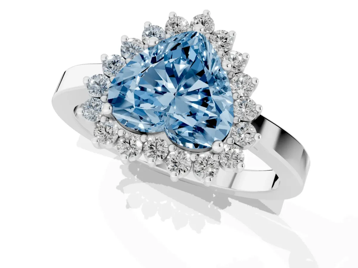 Fancy Blue Heart Cut Cut Diamond Halo Ring with Round Brilliant Halo and Solitaire Band White gold