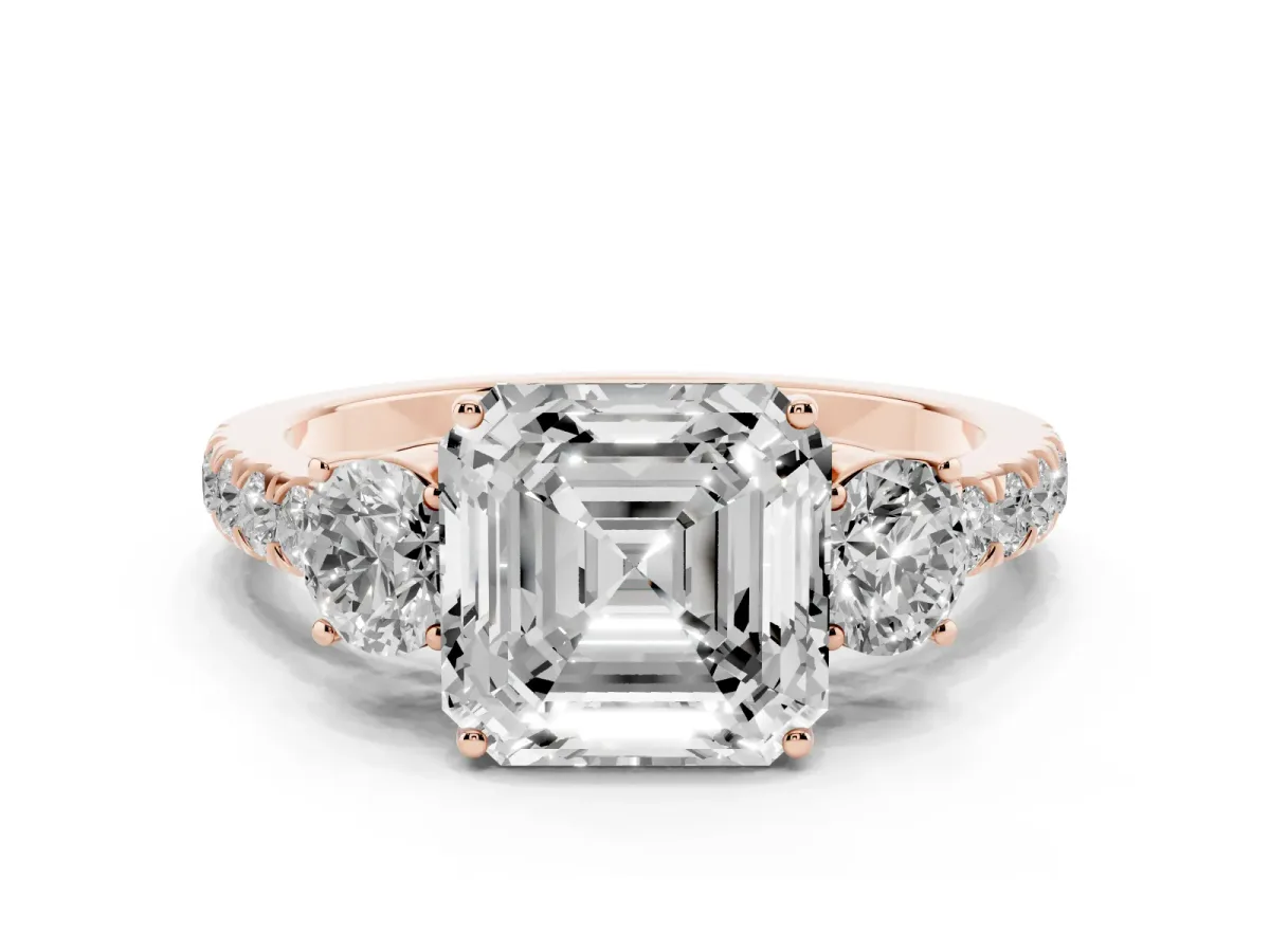 Asscher Cut Cut Diamond Three-Stone Ring with Round Side Stones and Pavé Band Rose gold