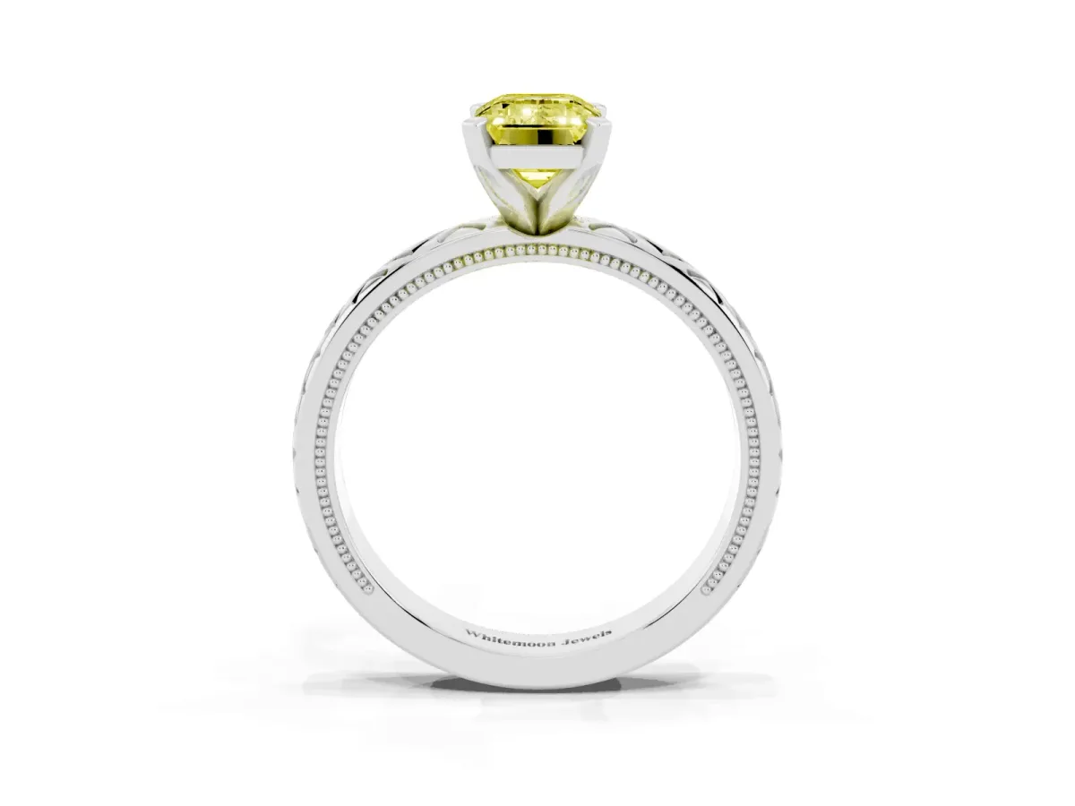 Fancy Yellow Emerald Cut Solitaire Diamond Ring with Milgrain and Black Enamel X Pattern Band Silver