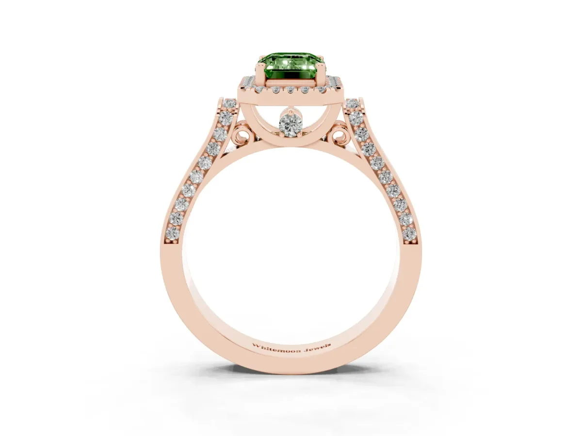 Fancy Green Emerald Cut Halo Round Diamond Twist Band with Four-Prong Setting Rose gold