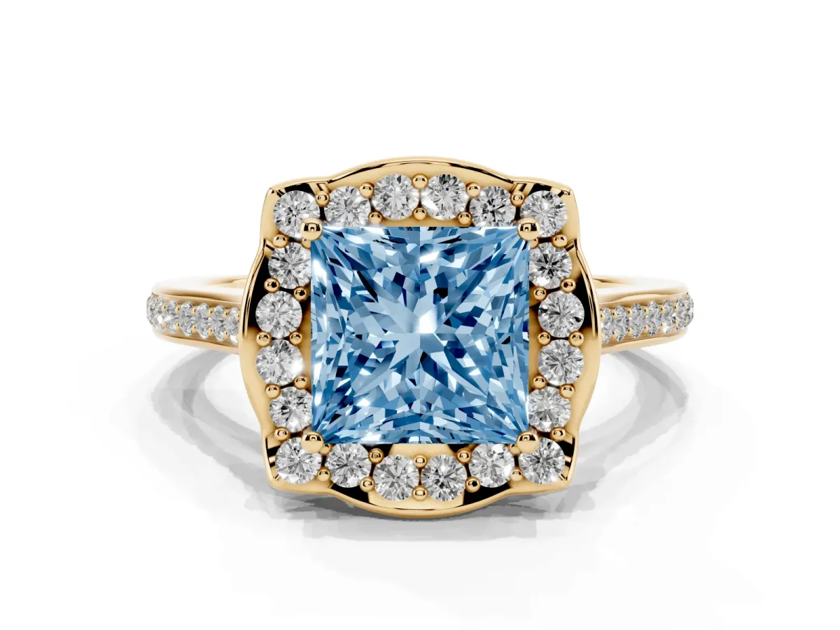 Fancy Blue Princess Cut Halo Round Diamond Pave Band with Four-Prong Setting Yellow gold