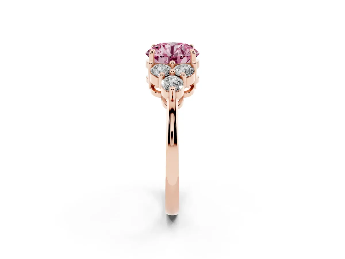 Fancy Pink Round Cut Brilliant Diamond Cluster Accent Solitaire Ring with Prong Setting Rose gold