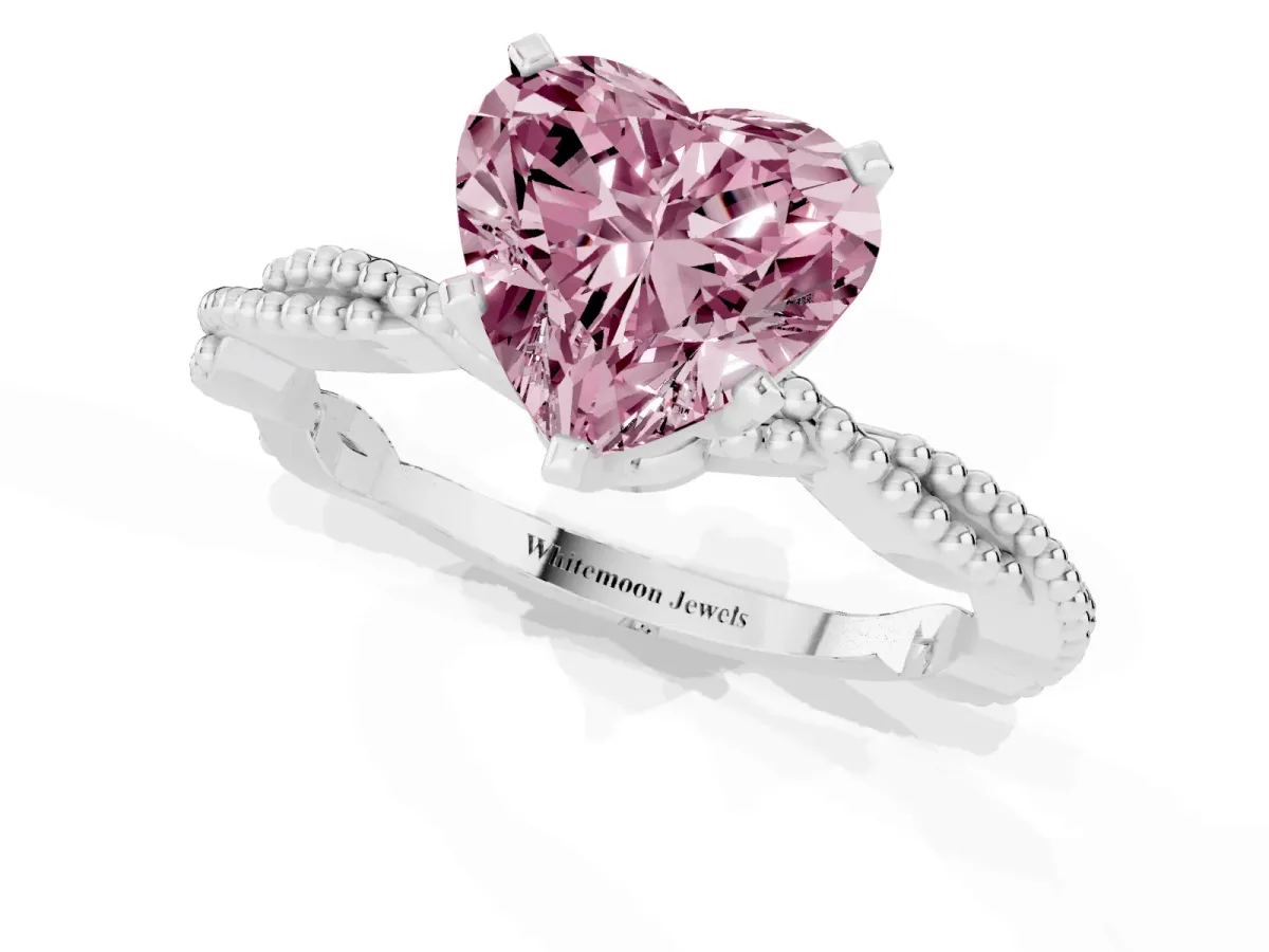 Fancy Pink Heart Cut Solitaire Twisted Band with Bead Prong Setting Silver