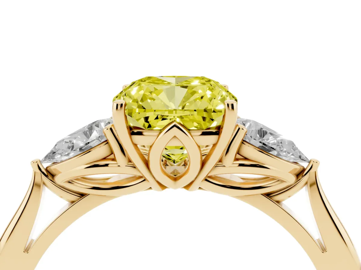Fancy Yellow Three-Stone Cushion Cut Brilliant Diamond Solitaire Ring with Tapered Band and Four-Prong Setting Yellow gold