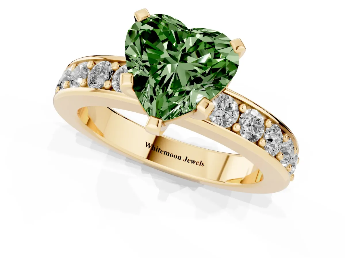 Fancy Green Heart Cut Diamond Engagement Ring with Channel Set Round Band and Prong Setting Yellow gold