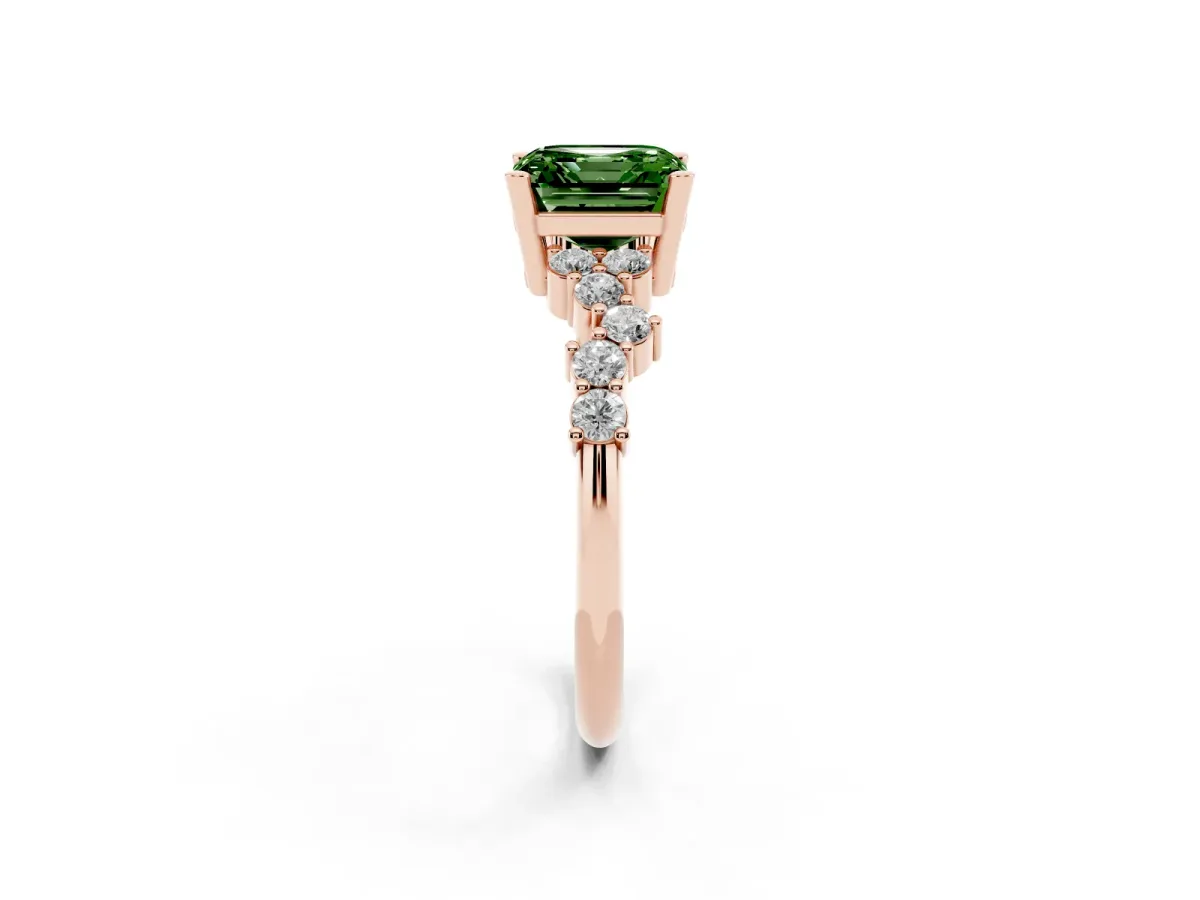 Fancy Green Asscher Cut Diamond Scattered Round Accent Ring with Prong Setting Rose gold