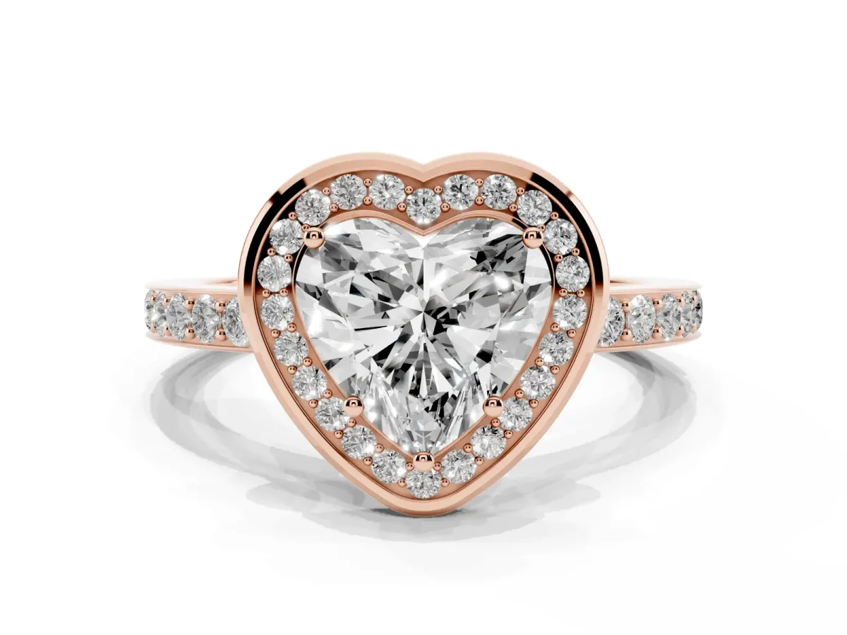 Heart Cut Diamond Halo Ring with Bezel Frame and Pavé Band Rose gold