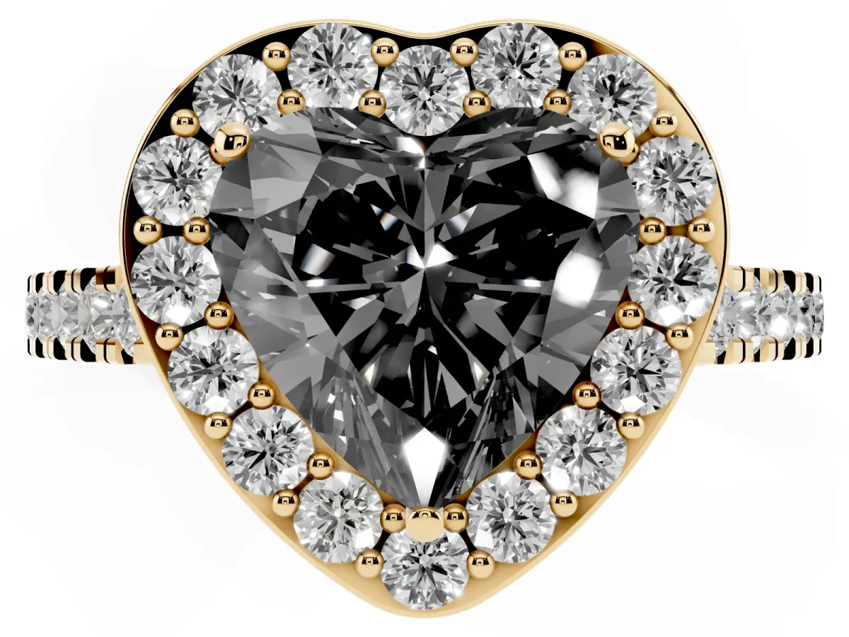 Fancy Black Heart Cut Diamond Halo Ring with Round Pavé Split Shank and Prong Setting Yellow gold
