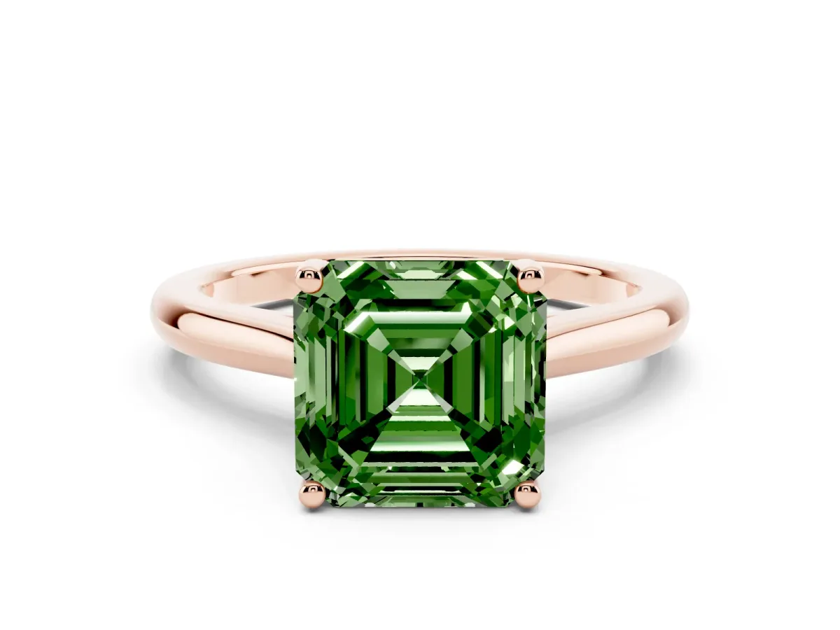 Fancy Green Asscher Cut Cut Solitaire Ring with Cathedral Band and Four-Prong Setting Rose gold