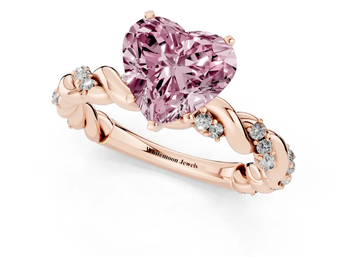 Fancy Pink Heart Cut Diamond Solitaire Ring with Twisted Band and Pavé Accents Rose gold