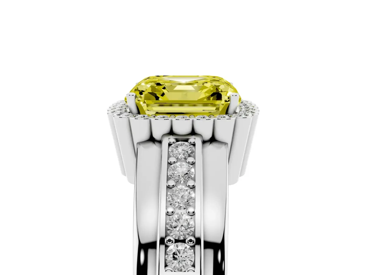 Fancy Yellow Asscher Cut Cut Halo Pave Band Four-Prong Ring Platinum