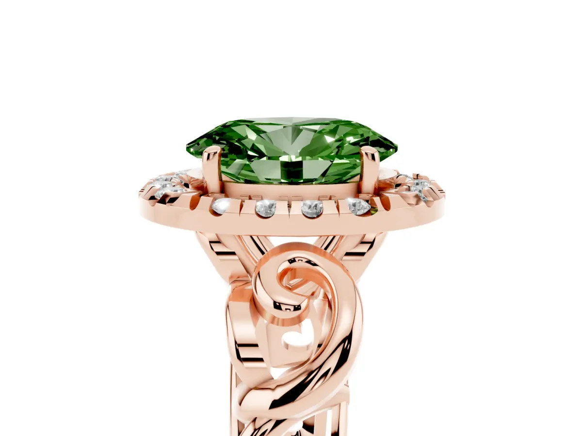 Fancy Green Oval Cut Cut Halo Diamond Ring with Scrollwork Band and Four-Prong Setting Rose gold