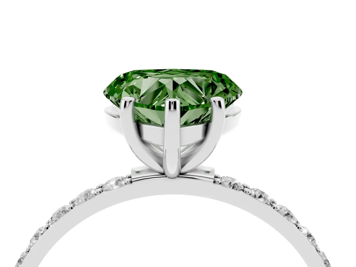 Fancy Green Heart Cut Diamond Solitaire Ring with Round Pavé Shoulders and Prong Setting Silver