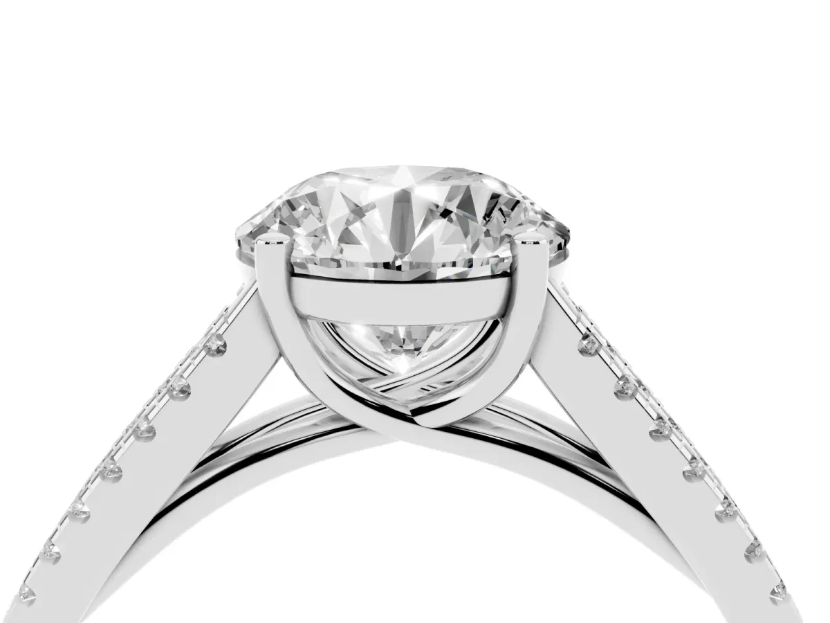 Round Cut Diamond Solitaire Engagement Ring with Split Shank Pavé Band Silver