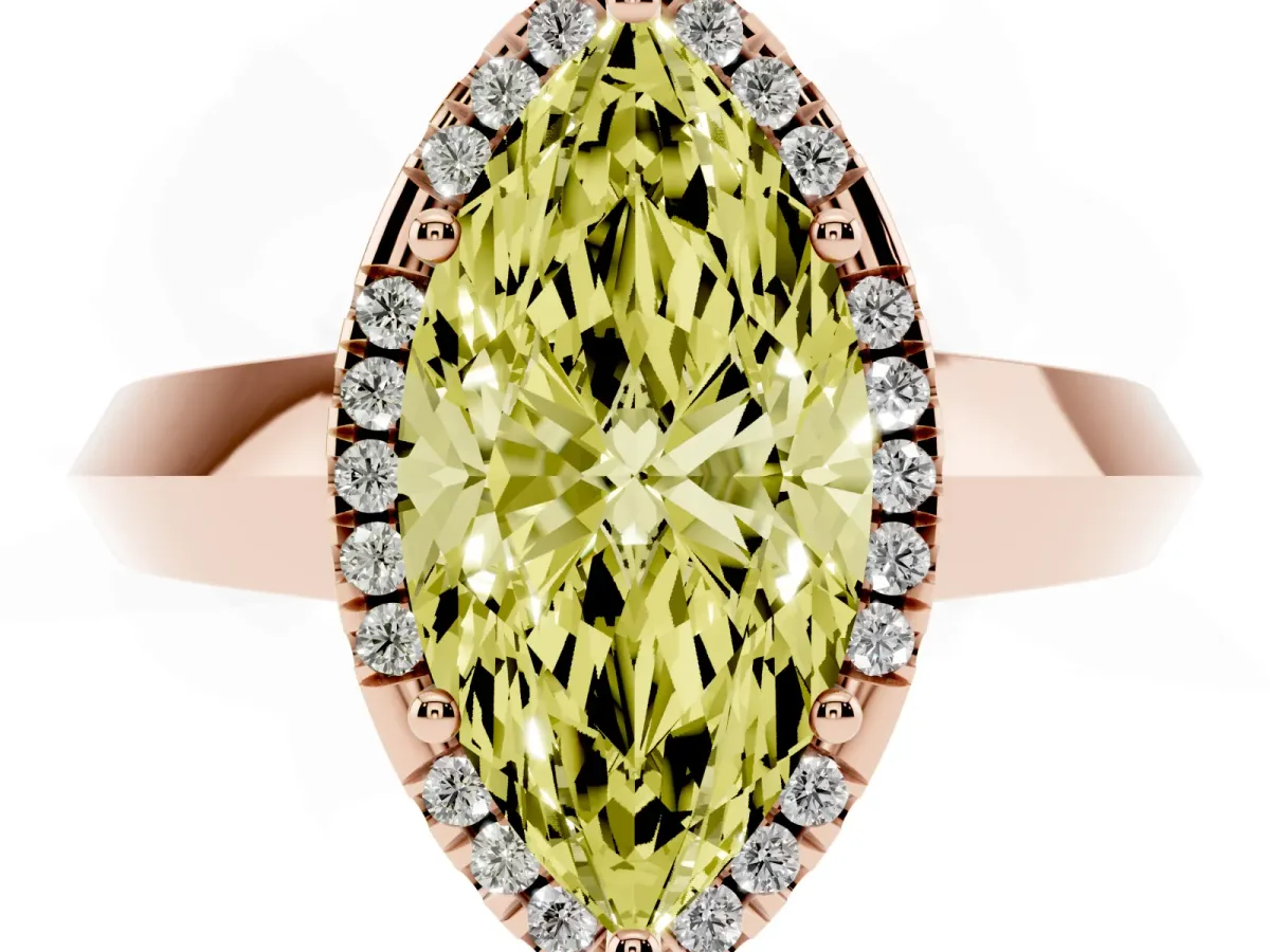 Fancy Yellow Marquise Cut Halo Diamond Ring with Cathedral Band and Four-Prong Setting Rose gold