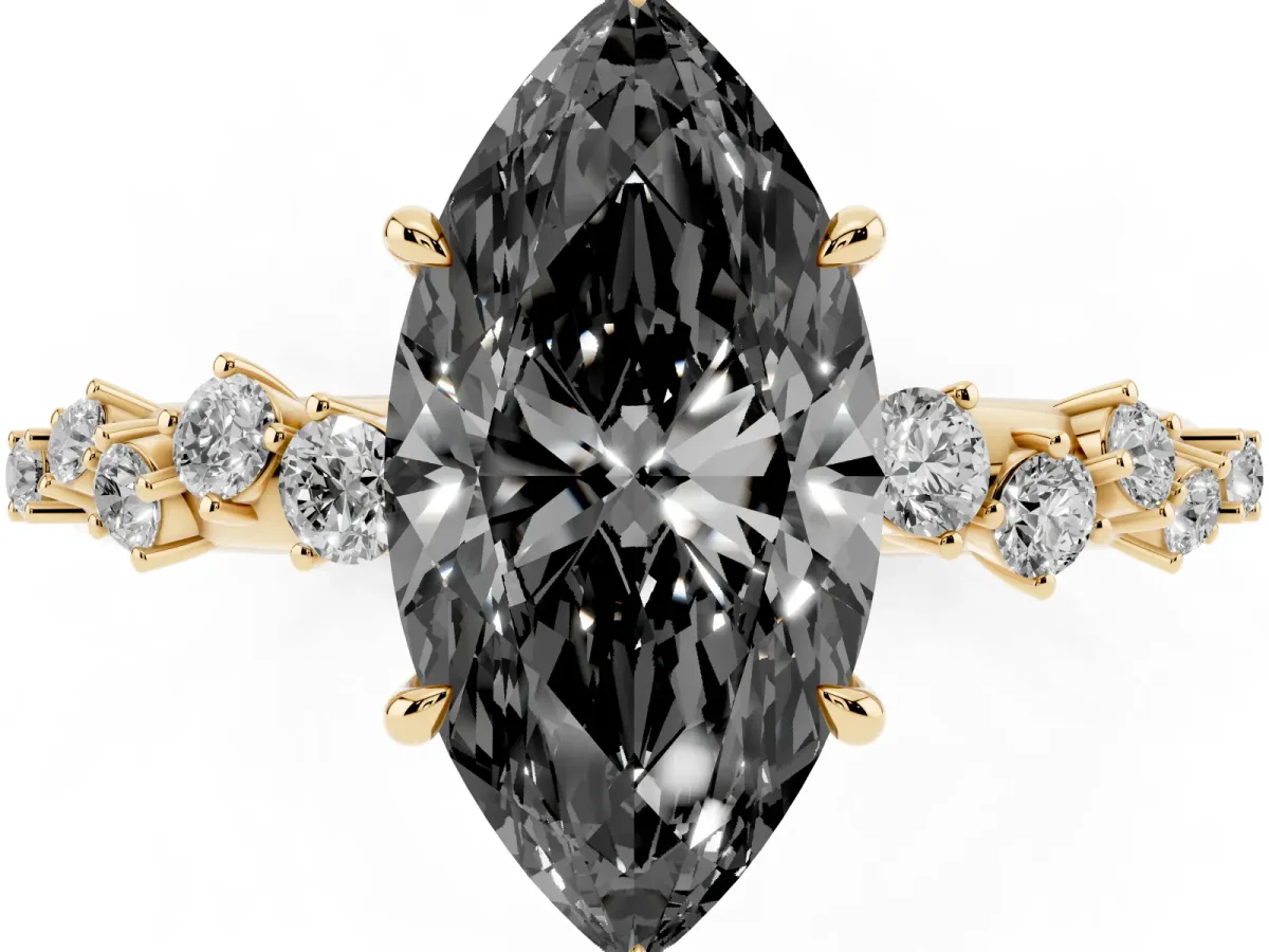 Fancy Black Marquise Cut Diamond Cluster Side Stone Solitaire Ring with Prong Setting Yellow gold