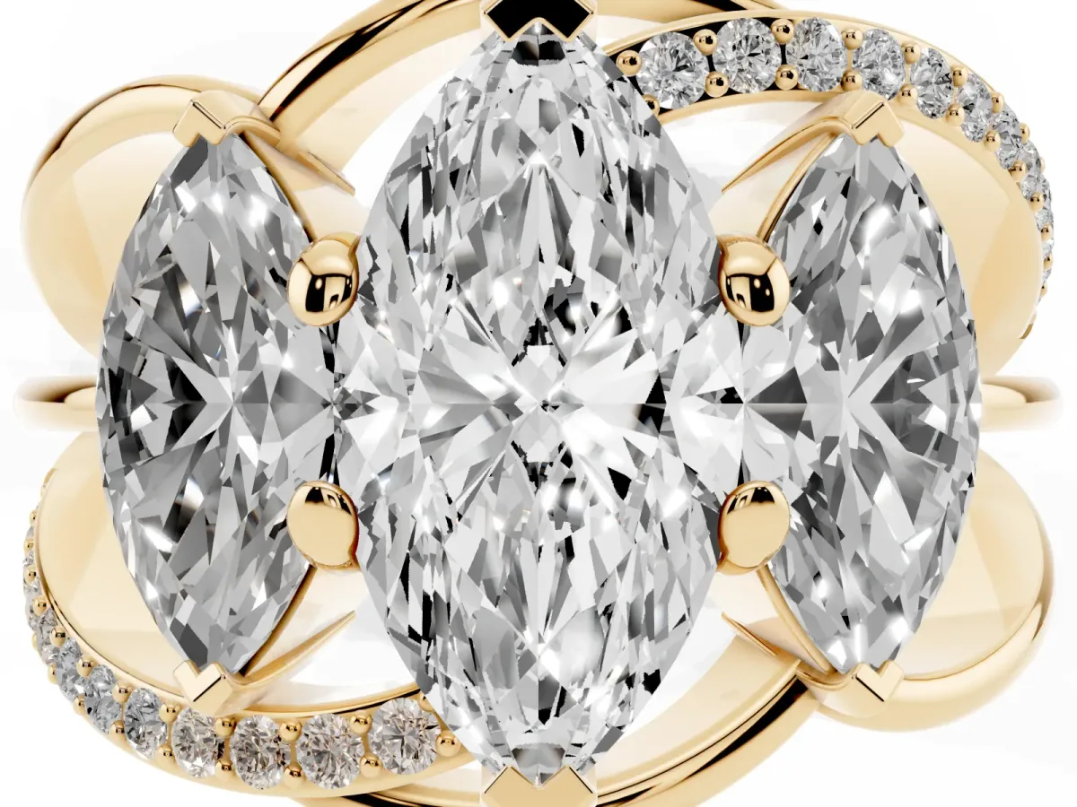 Three-Stone Marquise Cut Cut Diamond Split Shank Prong Set Ring Yellow gold