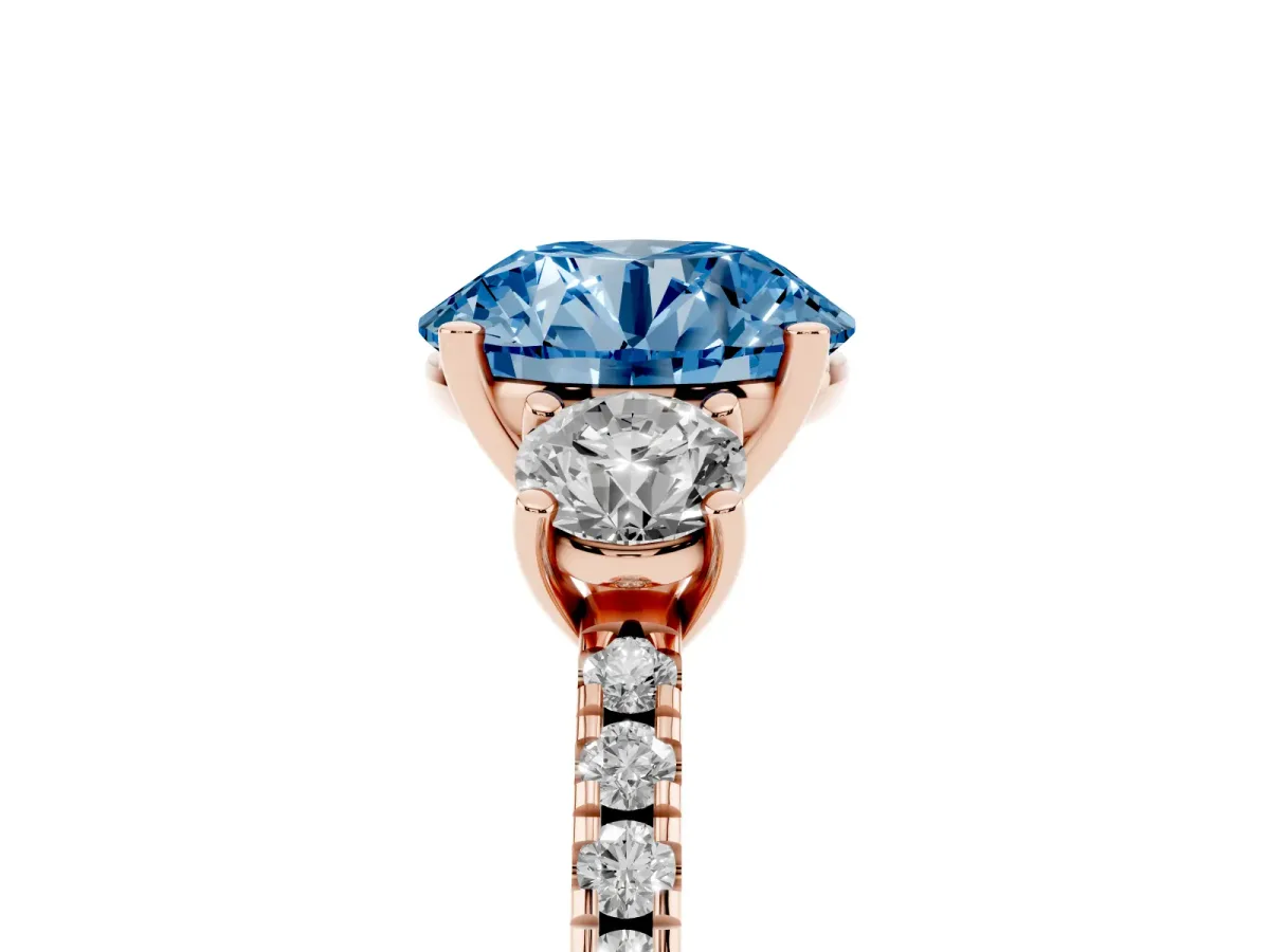 Fancy Blue Three-Stone Round Cut Cut Diamond Pavé Band with Prong Setting Rose gold