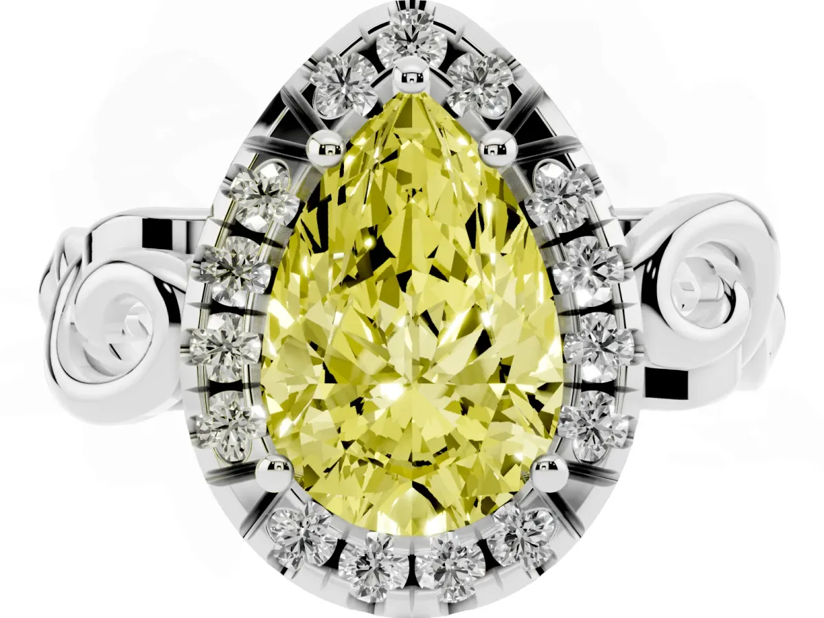 Fancy Yellow Pear Cut Cut Halo Diamond Ring with Scrollwork Band and Four-Prong Setting Silver