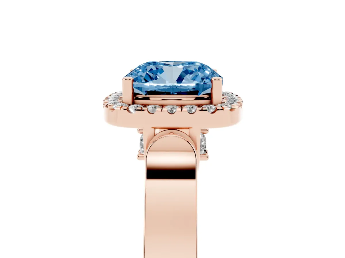 Fancy Blue Cushion Cut Halo Pave Split Shank Prong Setting Ring Rose gold