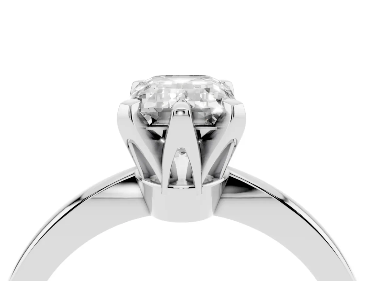 Emerald Cut Solitaire Engagement Ring with Six-Prong Setting and Tapered Band Platinum